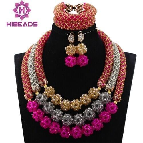 New Pink Grey Crystal Bridal Jewelry Necklace Set Nigerian Wedding Beads for African Brides Free Shipping HIBEADS002