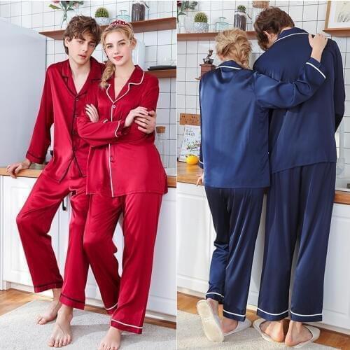 Long Sleeve Silk Pajamas Spring Autumn Sleepwear suit Men and Women casual Homewear Lovers Pajamas Home Furnishing Clothes