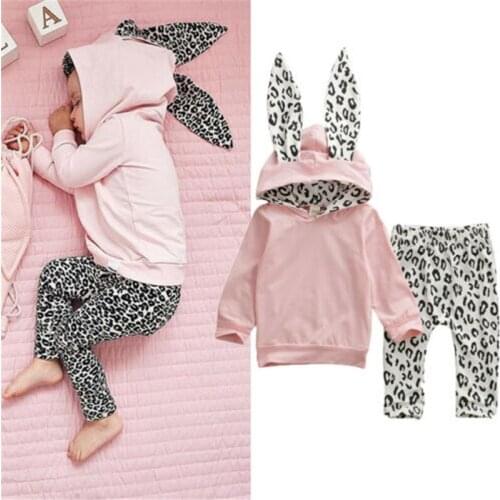 1-4 Years Kids Girls Set 2019 Autumn Tracksuits For Girls Clothing Pink Rabbit Hoodie Sweatshirt Tops Leopard Trousers Outfits