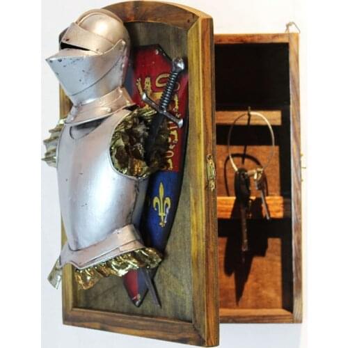 Ancient Roman Retro Knight Armor Antique accessory Wall hanging/Nostalgic Farm Garden Wooden pendant key Storage Box Loft Decor