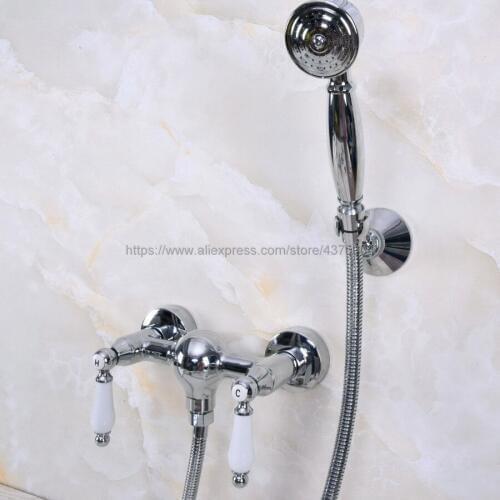 Bathroom Chrome Bathtub Shower Faucet Set Single Handle Mixer Tap with Wall Mounted Ceramic Hand Held Shower Nna283