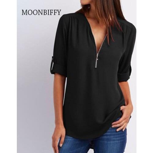 Women Zipper Short Sleeve Black Shirts Ladies Sexy V Neck Solid Tops Blouse Summer Casual Tee Shirts Female Clothes Plus Size