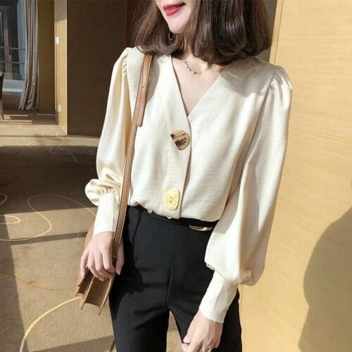 Spring Womens Blouse V-Neck Lantern Sleeve Shirts Female Breasted Draped Office Lady Blouses And Tops
