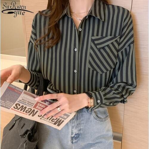 Office Lady Striped Chiffon Blouse Shirt Women Plus Size Loose Shirts Tops Female New Spring Button Casual Blouses Blusas 13018