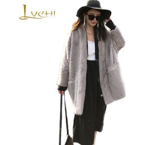 LVCHI 2019 Winter Lazy sweater silhouette Mink Fur Coat Full Sleeve Real Fur Coats V-Neck Pocket Women Short New Mink Fur Coats