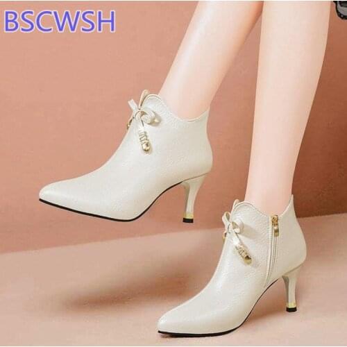 Women Sexy Pointed Toe High Heels Ankle Boots Autumn Winter Warm Short Plush Booties Woman Bowtie Zipper Boots 2021