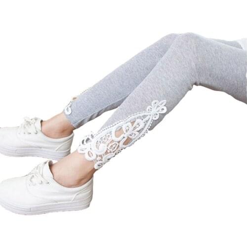 YSDNCHI Women Leggings Lady Autumn Cotton Pants Side Triangle Lace Newly Hollow Solid Black Grey Elastic