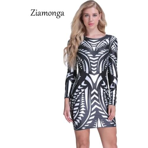 Ziamonga Women Bodycon Dress 2017 Autumn Winter Long Sleeve Geometric Print Dresses Ladies Sexy Vintage Dress Bandage Vestidos