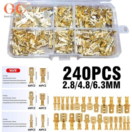 240PCS Gold Electrical Wire Crimp Terminal Connector Male Female Spade Assorted 2.8mm/4.8mm/6.3mm Kit electrical connector