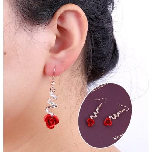 2020 Fashion Jewelry Ethnic Red Rose Drop Earrings Big Rhinestone Earrings Vintage For Women Rose Gold Spiral Dangle Earring