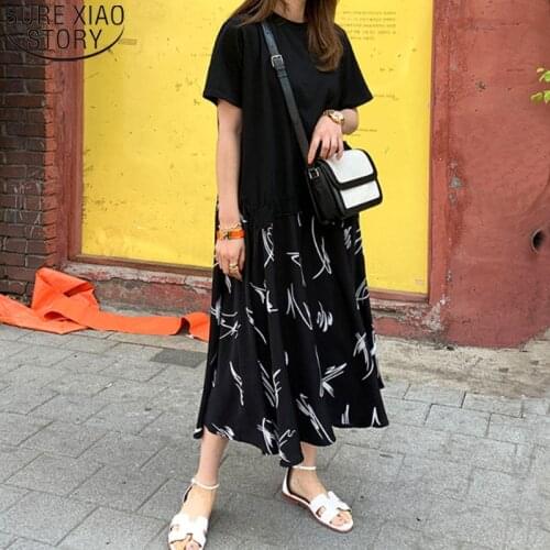 2021 Women Short Sleeve Dresses Summer Fake Two Piece Dress Plus Size Patchwork Print Ladies Long Sleeve T-Shirt Dress 13346