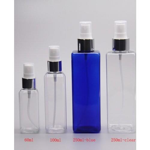 30pcs 250ml Empty Plastic silver collar Spray square Bottle fine mist PET bottles container with pump cosmetic container bottles