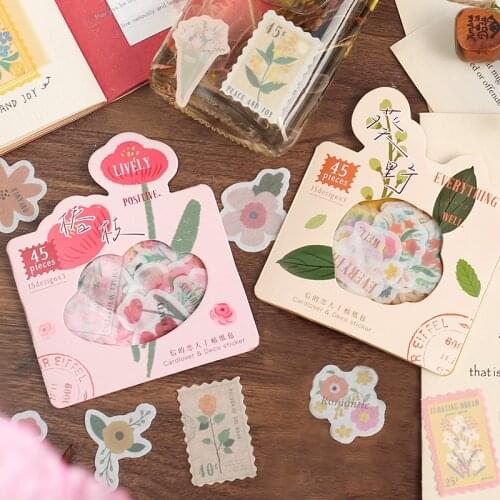 45 Pcs Flower Plant Stickers Vintage Stamp Style Washi Paper Stickers Pack for Scrapbooking Diary Planner Album