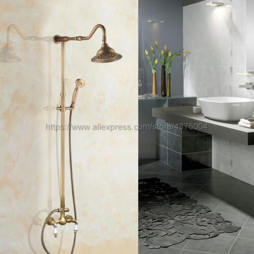 Antique Brass Wall Mounted Shower Set Faucet Dual Handle with Hand Sprayer Bathroom Shower Mixers 7" Rainfall Nan505