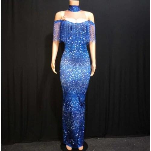 Shining Womens Stage Singer Showgirl Bodycon Elastic Costumes Female Fashion Sexy Blue Crystals Tassels Halter Slit Long Dress