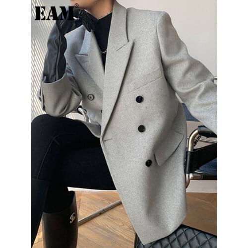 [EAM] Women Woolen Double Breasted Blazer New Notched Long Sleeve Loose Fit Jacket Fashion Tide Autumn Winter 2021 1DD7115