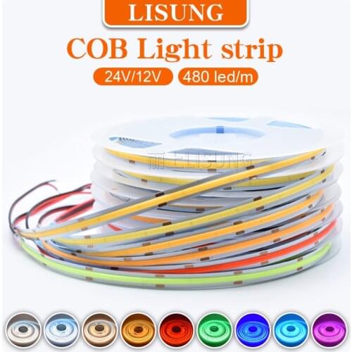 5m Dc 12v 24v Cob Led Strip High Density Flexible Tape Light Dimmable Linear Ribbon White 6500K 4000K 2800K Soft LED Tape 480led