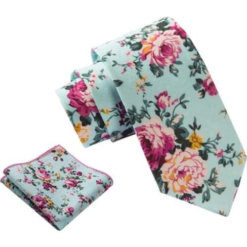 Ikepeibao Green Floral Printing Casual Mens Cotton Neck Tie Hanky Sets