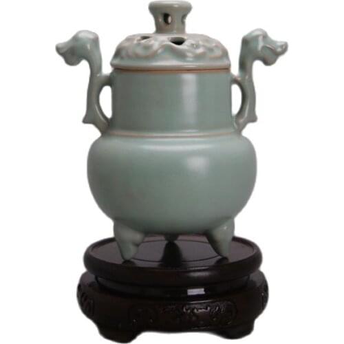 Collection of iron body blue glaze double dragon Zun smoked furnace porcelain of song Ru kiln in Beijing