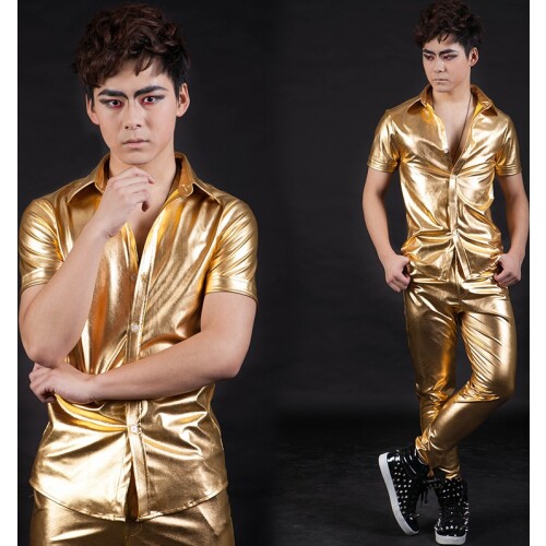Summer MenS Bright Golden Short-Sleeved Suit Korean Jazz Dance Costume Catwalk Nightclub Bar Male Singer Hip-Hop Wear DWY2719