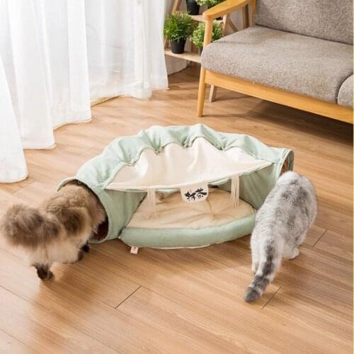Cat Tunnel Bed with Mat Collapsible 2 Way Tube Interactive Play Toys Cat Hideout House for Cat Puppy Kitten