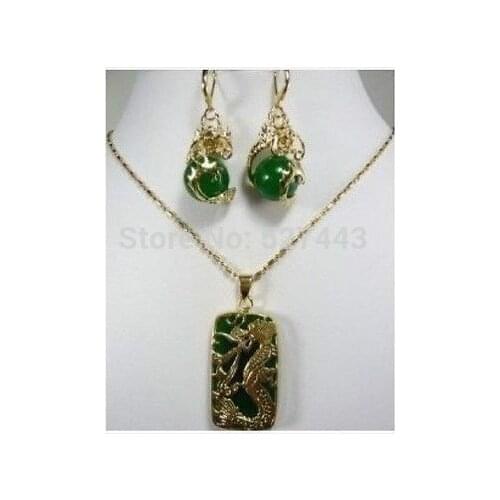 Hot sell Noble- FREE SHIPPING>>@> Wholesale Charming Jewelry set! Green Natural stone Dragon Pendant necklace earring