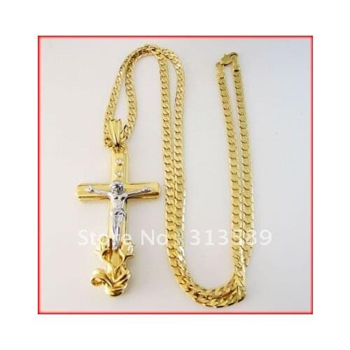 Min order 1 pcs NEW - YELLOW GOLD GP SOLID EP 24" NECKLACE&ROSE JESUS CROSS PENDANT/Great Gift/Great Money Maker