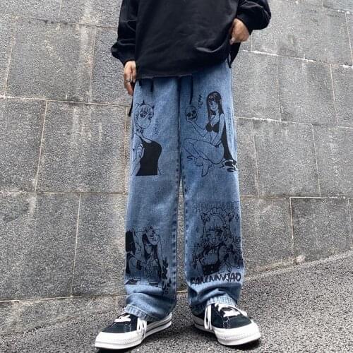 Fashion street fashion brand retro two-dimensional animation cartoon printed denim pants
