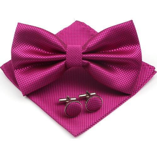 Mens Formal Solid Color Polyester Bowtie Pocket Square Cufflinks Sets Bow Tie Handkerchief Cuff Links Lots Three Piece Set