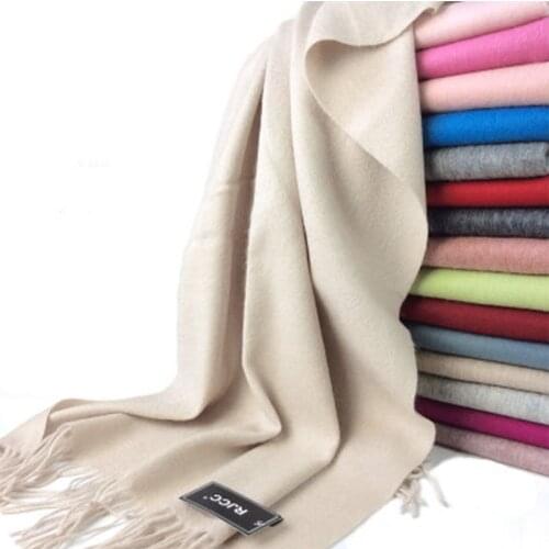 New Winter 100% Real Wool Scarf Women Pashmina Shawls Wraps Beige Echarpe 2019 Thick Warm Soft Solid Tassel Warm Foulard Femme