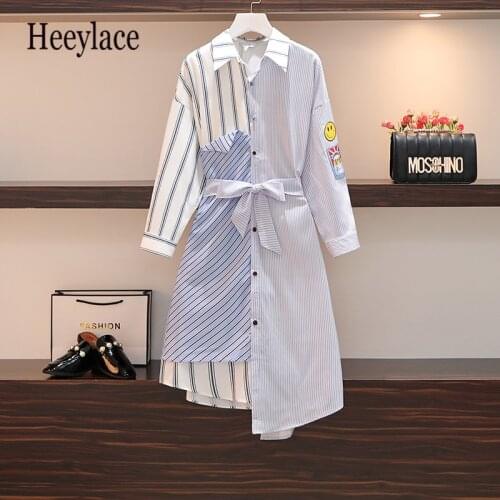 Plus Size Women Striped Patchwork Shirt Dress Spring 2021 Long Sleeve patchwok Bow Lace-up Loose Casual Asymmetric Dresses 4XL