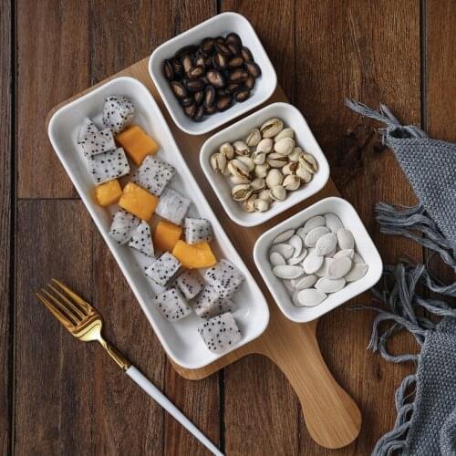 Nordic Ceramic Grid Fruit Plate with Bamboo Mat Modern Minimalist Home Square Multi-cell Afternoon Tea Dessert Melon Seed Plate