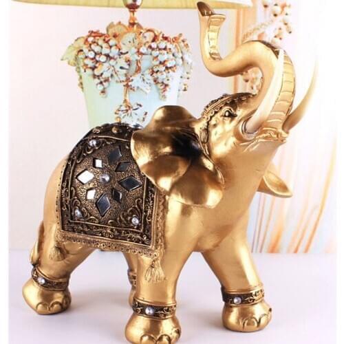 Golden Resin Elephant Statue Lucky Feng Shui Elegant Elephant Trunk Statue Lucky Wealth Figurine Crafts Ornaments For Home Decor