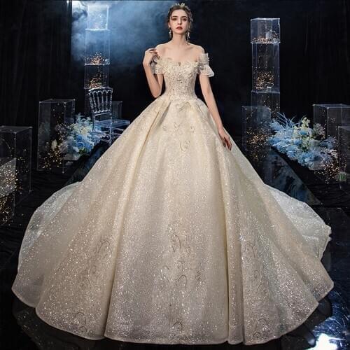 Off The Shoulder Sweetheart Neck Short Sleeve Beading Crystal Shiny Champagne Ball Gown Wedding Dress 2021 Mariage