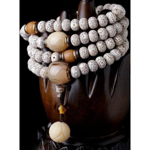 Tibetan Buddhism 108 star & moon bodhi Ox horn & Lotus Bead Mala Necklace