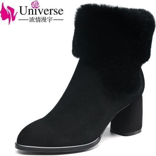 Universe real fur women winter ankle boots kid suede upper shoes chunky heel black boots for ladies G238
