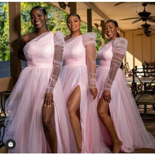Vintage Long One Shoulder Pink Bridesmaid Dresses with Slit Floor Length Tulle Zipper Back Brautkleider Robes de Soirée for Lady