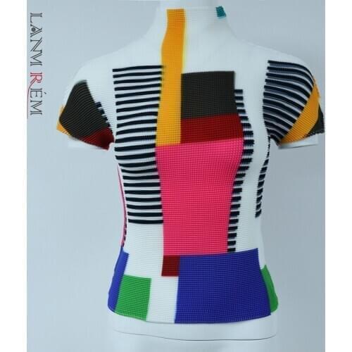 LANMREM color block patchwork short sleeve pleated t-shirt for women 2021 summer new Turtleneck slim trend elastic tops YJ772