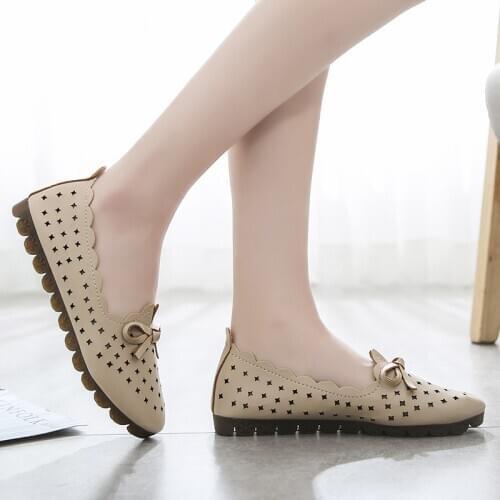 Summer Flats Shoes Woman Pu Leather Low Heel Slip on Comfortable Casual Women Shoes Footwear Leisure Hollow Bow Knot Loafers