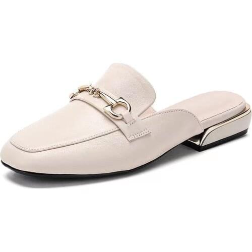 Womens Genuine leather Black Slippers Classic style Beige Flat Heel Casual Sandals Wooden Block Heel Summer red Buckle Slides