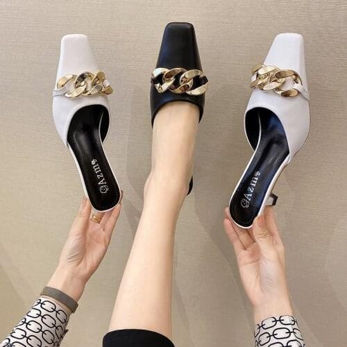 New Stylish Summer Autumn Laides Mules Shoes PU Chain High Thin Heels Women Slipper Boot Square Head Flip-Flops