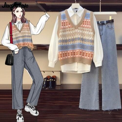 Women Falls Large Size 3 Pcs Set 2021 Preppy Style Casual Shirt+Knitted Vest+Denim Long Pants Suit Lady Fashion Jeans Streetwear