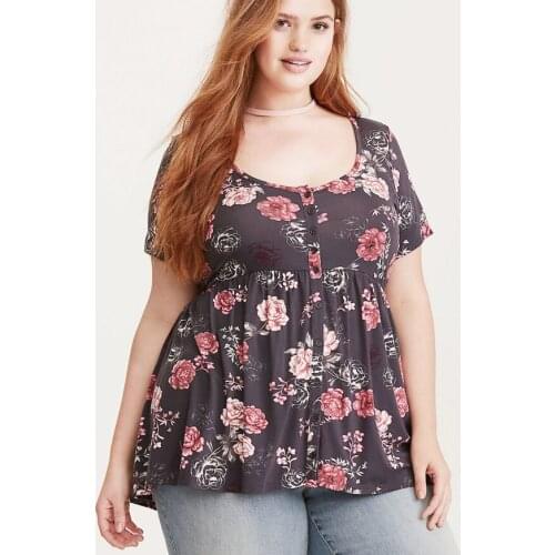 Plus size women fashion loose single breasted short sleeve round neck casual top female cute style floral print knitted t-shirt