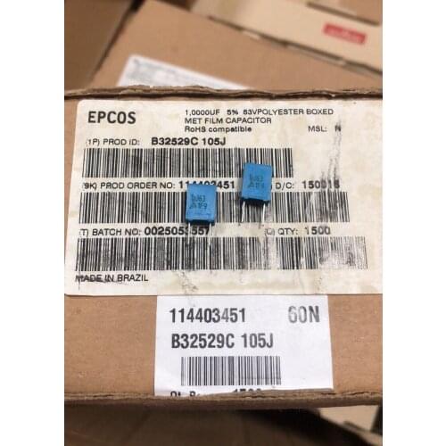 100% orginal and new B32529C105J EPCOS 1UJ63 Cap Film 1uF 63V PET 5% 7.3X4.5X9.5mm Radial Stacked 5mm 125°C best qualtiy