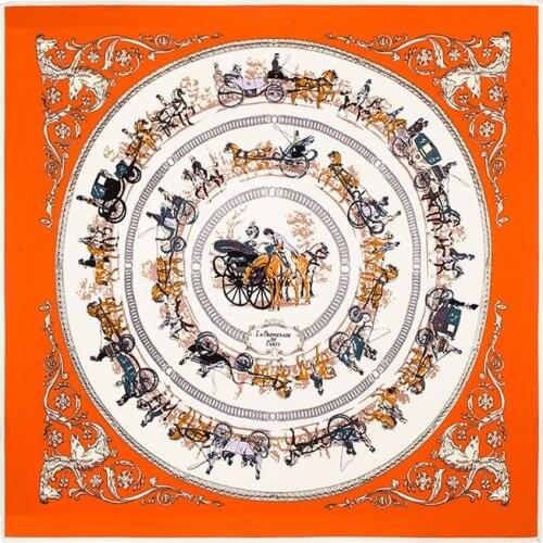 100% Silk Square Scarf Women Spain Euro Carriage Horse Print Neckerchief Foulard Hijab Silk Shawls Wrap Female Scarf Bandana