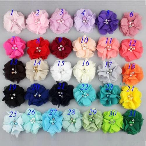 2" rhinestone with pearl chiffon flower solid chiffon flower 33colors flat back For Baby kids hair accessories headwear 100pcs