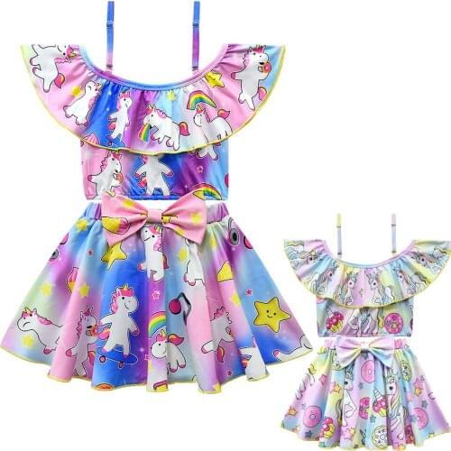 2021 Summer Infant Girls Unicorn Simwear Off Shoulder Tops+Bow Short Skirt 2Pcs Childrens Lovely Swimsuit Age 3-10Y