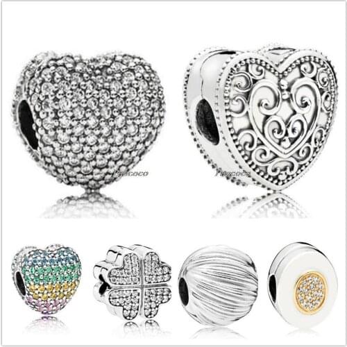 Authentic 925 Sterling Silver Heraldic Lace Enchanted Heart Clip Lock Stopper Charm Bead Fit Pandora Bracelet & Necklace Jewelry