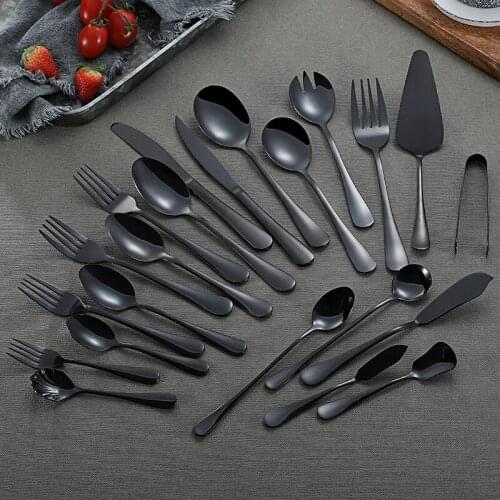 Black Cutlery Tableware Set Mirror Salad Spoon Butter Knife Public Spoon Set Spoon Stainless Steel Tableware Kitchen Table Set