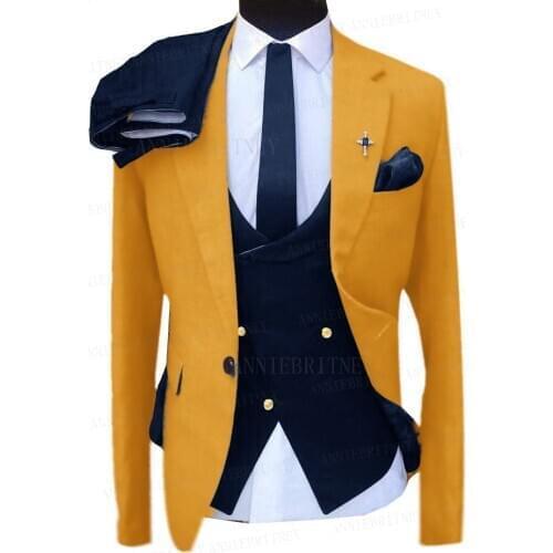 Formal Gold Men Suit 3 Pieces Tailored Best Man Groom Wedding Dress Tuxedo Slim Fit Blazer Suit Jacket Burgundy Vest Pants Set